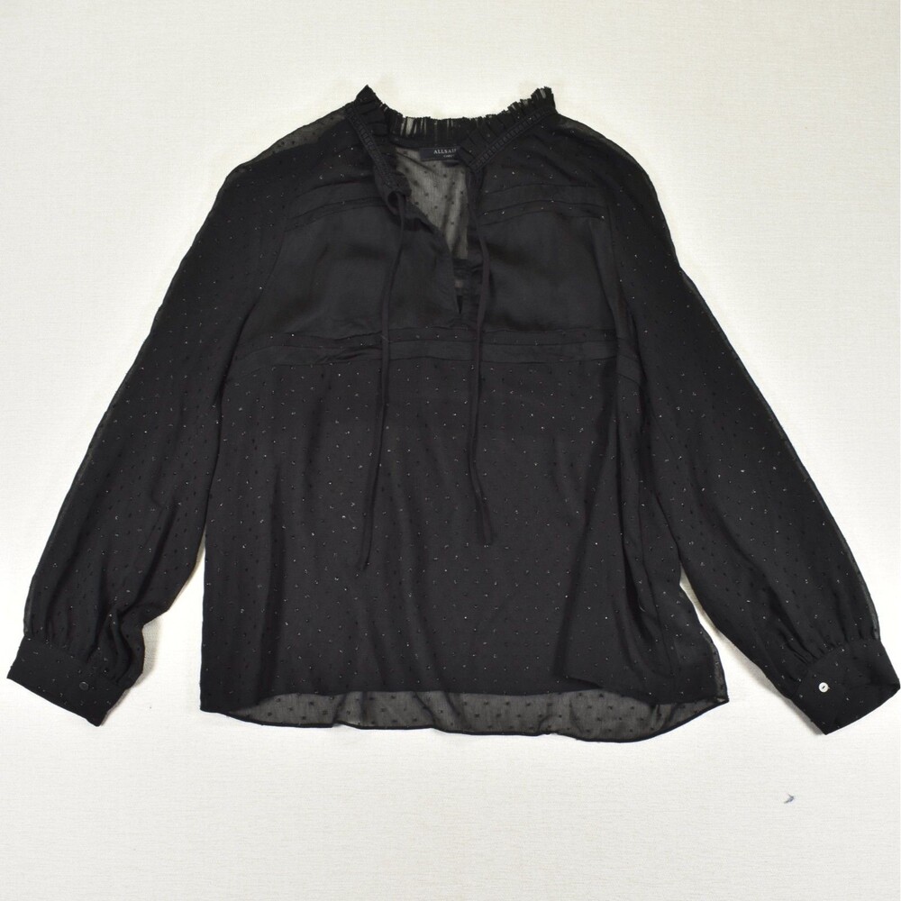 AllSaints London Womens Small Top Blouse Black Sheer Silk Blend Metallic Dot